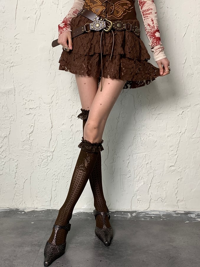 Brown Wasteland Punk Heart Print Tights