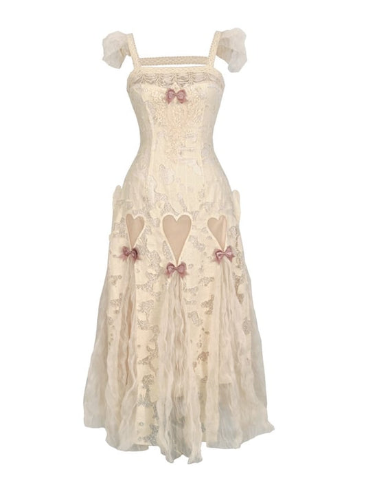 Romantic Goth Pink Bows Heart Cutout Light Cream Summer Slip Dress