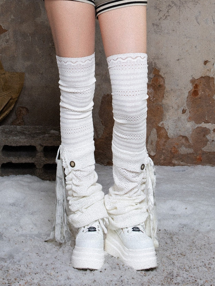 Y2K Beige Knit Leg Warmers with Self-tie Straps & Side Button