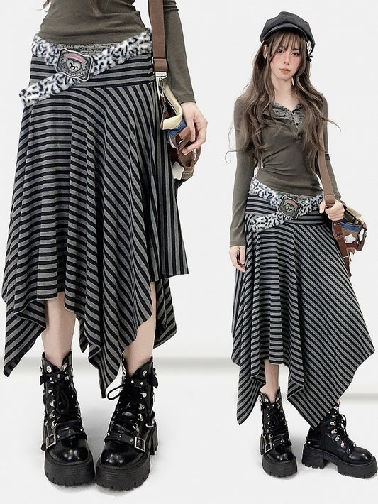 Black Y2K Striped Pattern Handkerchief Hem