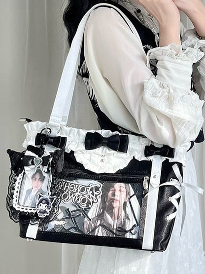 Black&White Bowknot Details Ruffles Trim Lace-up Design Ita Bag