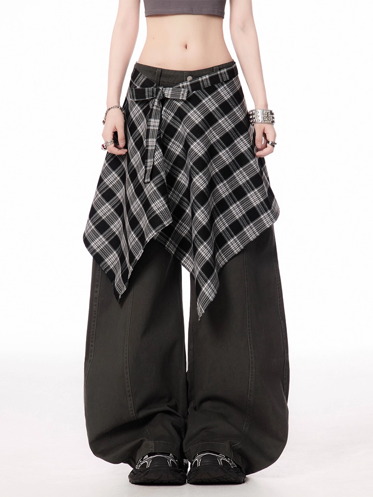 Dark Gray/Brown Low Rise Vintage Wide-leg Pants with Plaid Waist Accessory