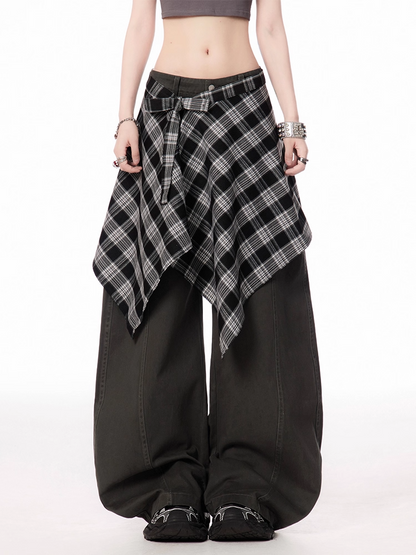 Dark Gray/Brown Low Rise Vintage Wide-leg Pants with Plaid Waist Accessory