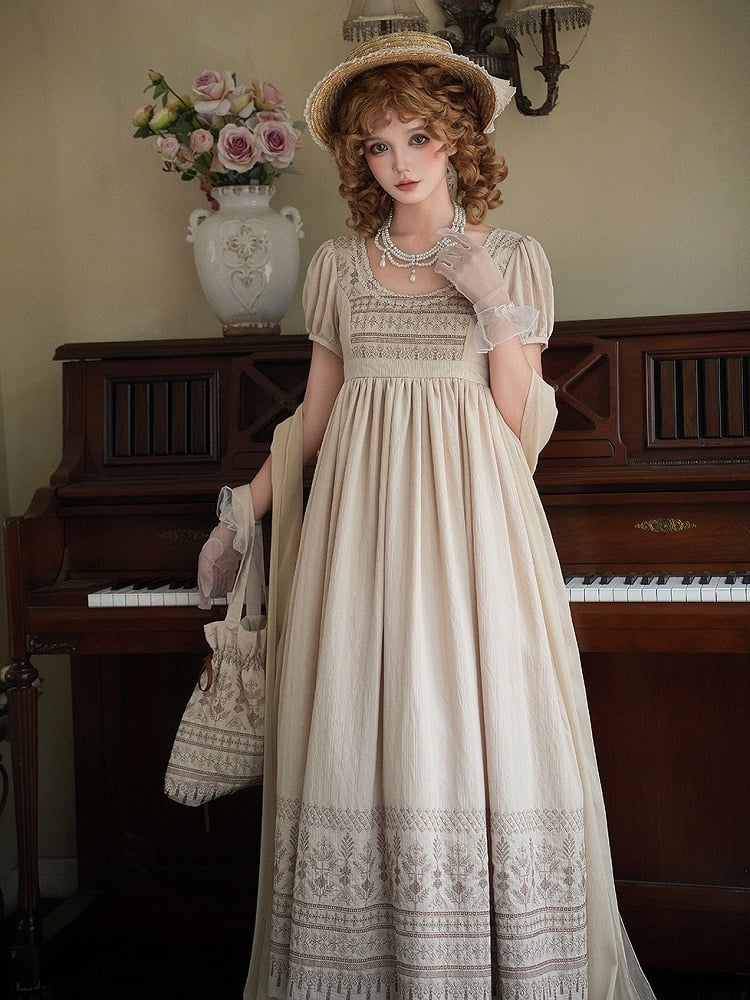 Brown / Blue Vintage Embroidery Handbag with Floral Brooch