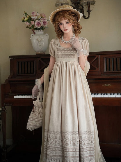 Brown / Blue Vintage Embroidery Handbag with Floral Brooch