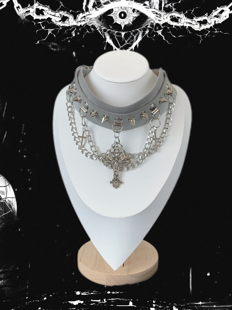 Black/White/Gray Studs Details Cross Charm Choker