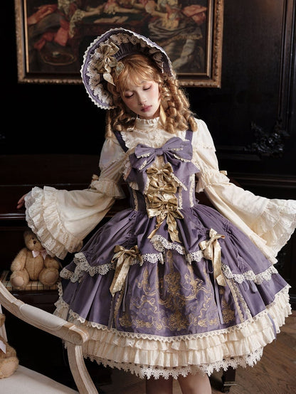 Bows Decoration Candle Embroidery Purple Velvet Dress Lolita JSK / Set