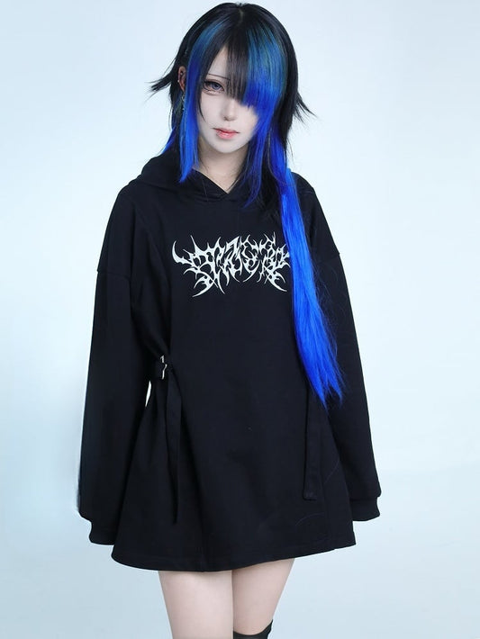 Black Jirai Kei Embroidery Decorated Buckle Details Hoodie