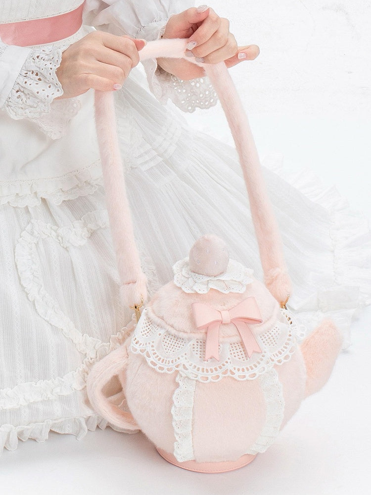 Pink Sweet Lolita Bowknot And Strawberry Decorated Lace Trim Plush Teapot Hand/Crossbody Bag
