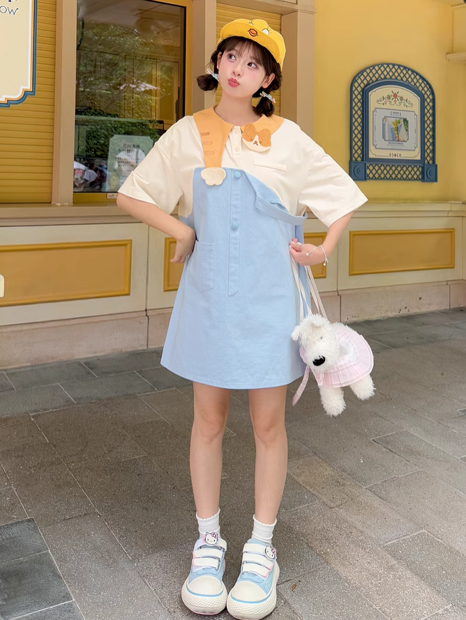 Adorable Kitty Collar Blue and White Colorblock Design Dress Faux Two-pieces