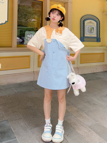 Adorable Kitty Collar Blue and White Colorblock Design Dress Faux Two-pieces