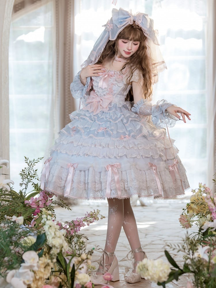 Blue and Pink Hime Lolita Bow Accents Tiered Skirt Princess Dress