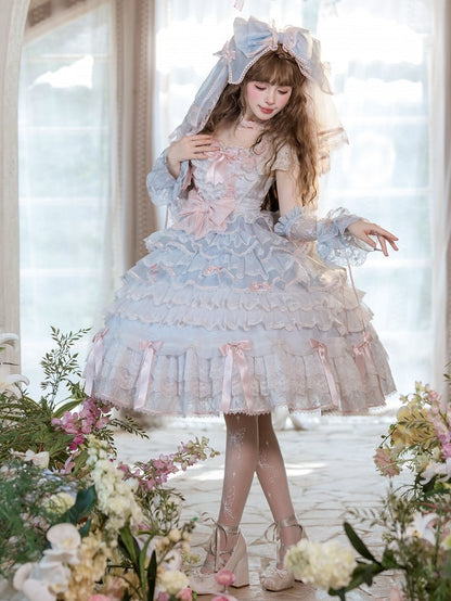 Blue and Pink Hime Lolita Bow Accents Tiered Skirt Princess Dress
