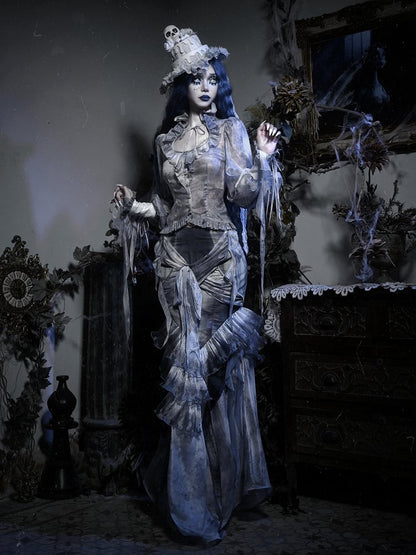 Corpse Bride Ruffle High Neck Dusty Blue Tie Dye Fabric Victorian Goth Long Bishop Sleeves Chiffon Shirt
