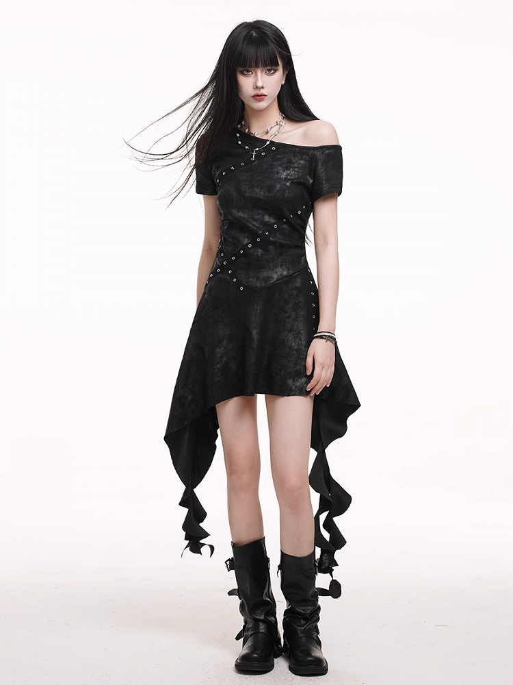 Black Asymmetrical Neckline Criss-cross Straps Cascading Ruffles Dress