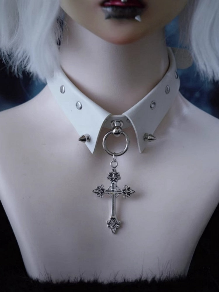 Y2K Studs White Gothic PU Cross Choker
