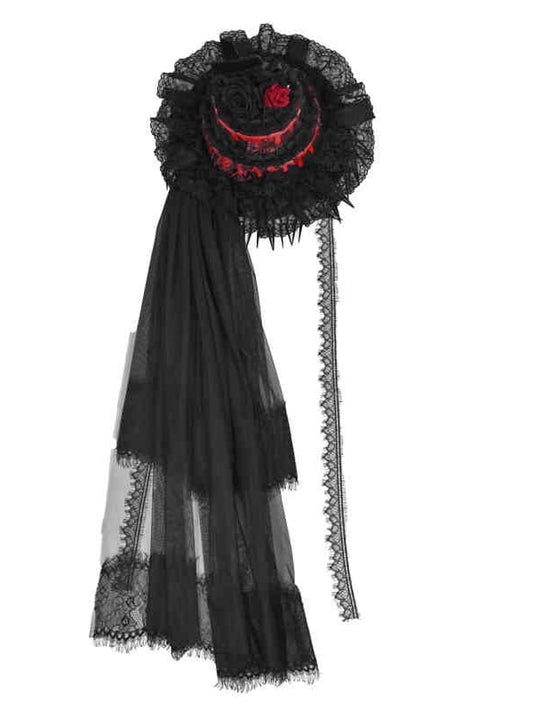 Black and Red Halloween Goth Hat with Detachable Veil