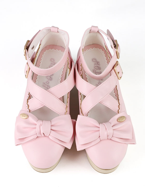 Sweet Lolita Pink Platforms with PU Leather, Wood Pattern Sole & Crisscross Details