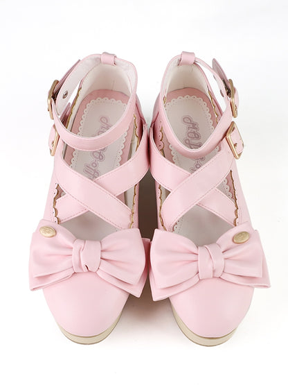 Sweet Lolita Pink Platforms with PU Leather, Wood Pattern Sole & Crisscross Details