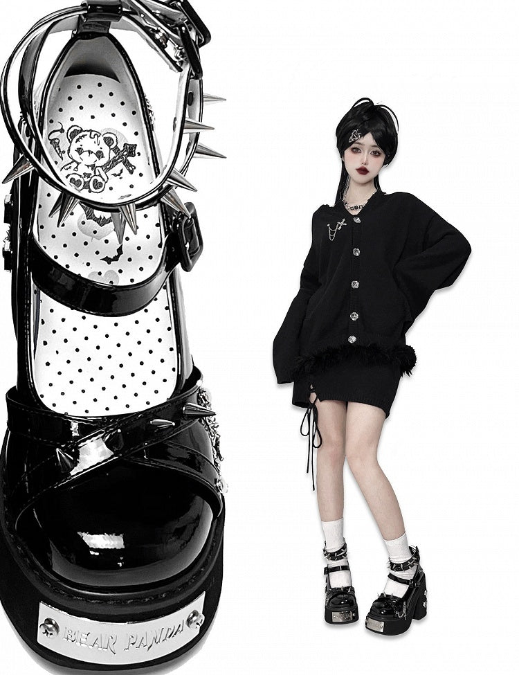 Studs and Chains Black Gothic Punk Platform Block High Heels Ankle Straps