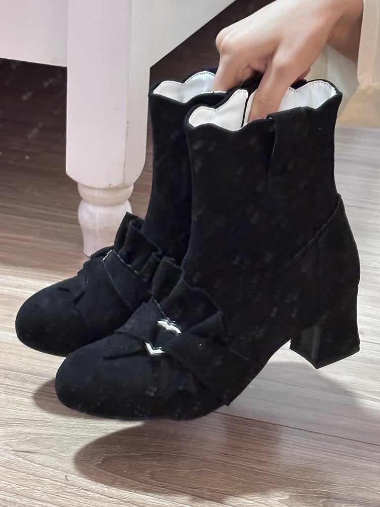 Black Knotted Bow Accent Zip Closure at Sides Ankle Boots