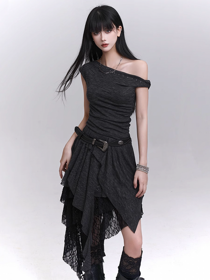 Studded Asymmetrical Neckline Cascading Ruffles Dress with Buckle Belt