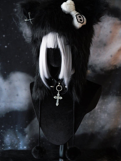 Black Gothic Pompon Charms Plush Cat Ear Hat With Pin Decorated Skeleton Applique Bone