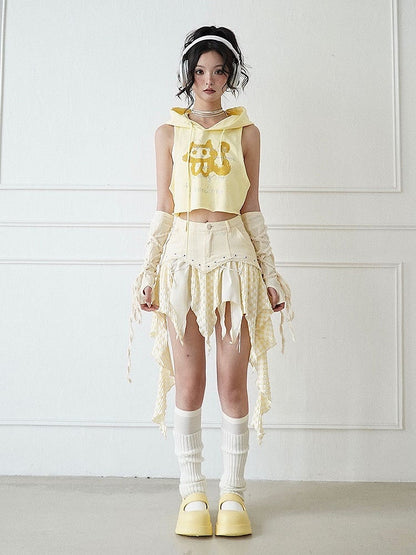 Light Yellow Kitty Print Hooded Top + White Cami Top Set