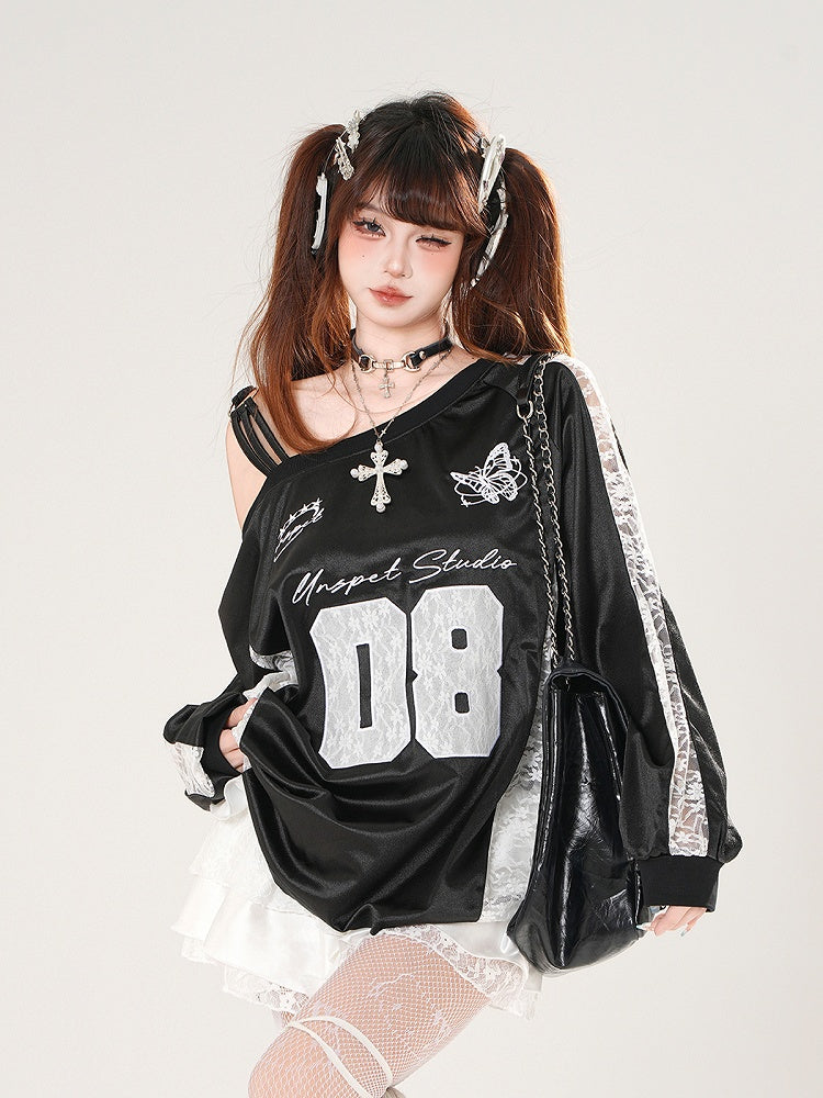 Asymmetrical Neckline Butterfly Embroidery Lace Patches Black/Silver Top