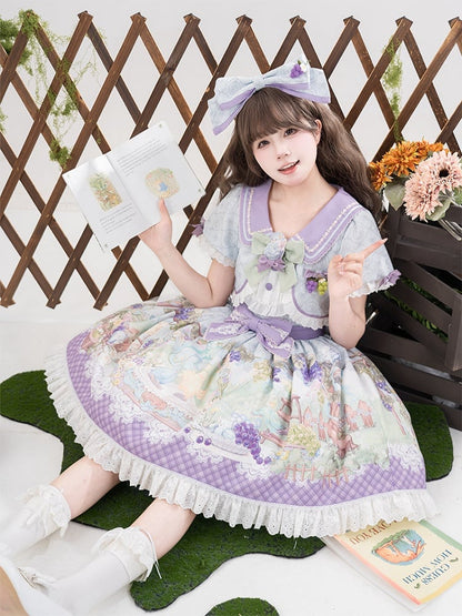 Cute Parrot and Grapes Print Sweet Lolita Short Sleeves Dress Fake Two-pieces Design