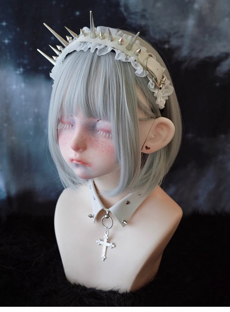 White Gothic Handmade Studs Detail PU Ruffled KC