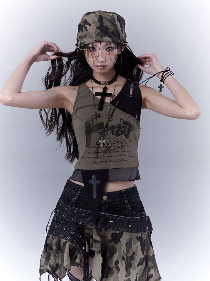 Army Green Lace-up Shoulder Asymmetrical Hem Wasteland Punk Tank Top