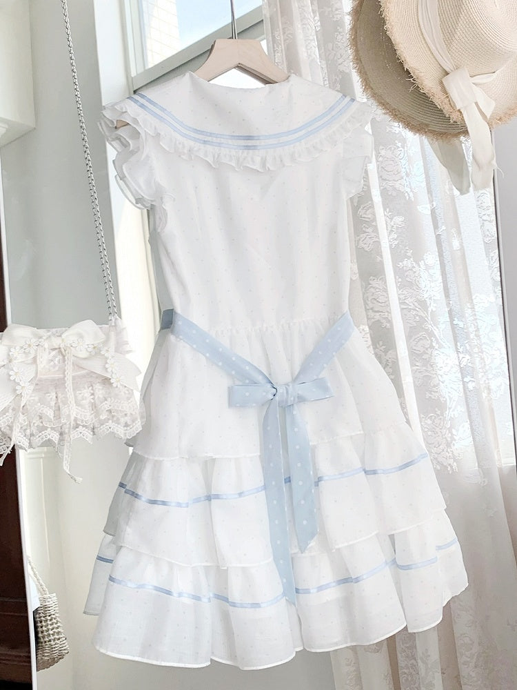 White and Blue Polka-dot Pattern Sailor Collar Navycore Dress Tiered Skirt