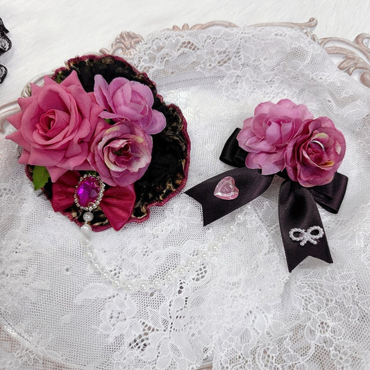 Two Black&Pink Floral Design Rhinestone Decorated Bead Chain Hairclips