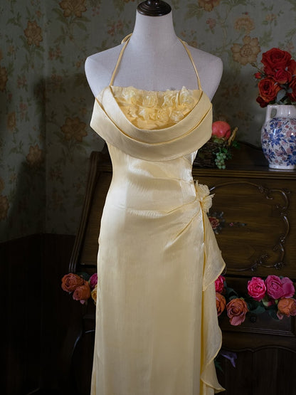 Vintage Yellow Halter Neck Floral Prom Gown Fairy Princess Dress