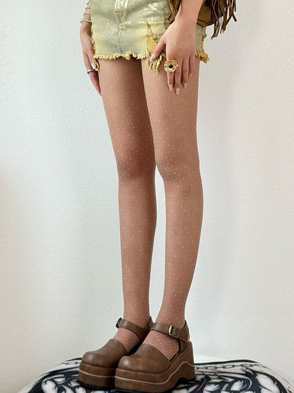 Gray/White/Brown Polka-dot Embroidered Diamond Pattern Tights