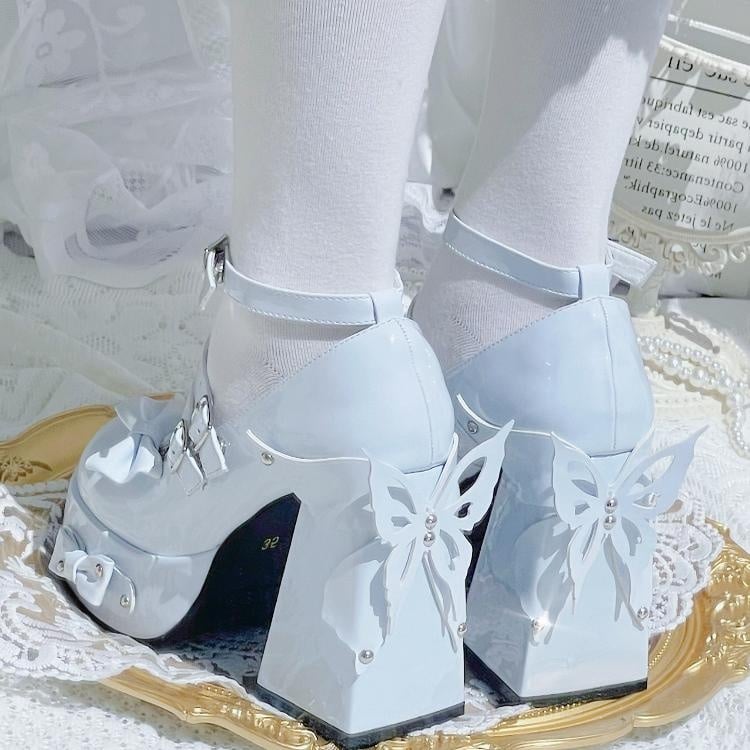 Light Blue Bowknot Stud Butterfly Design Platform High Block Heels Lolita Shoes