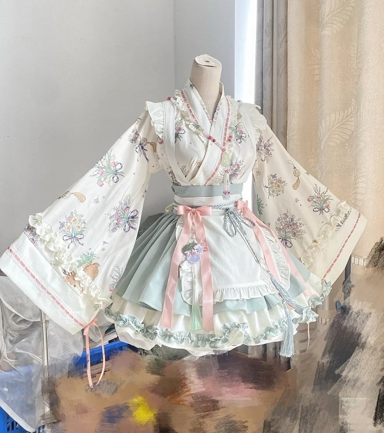 Light Green Herbal Medicine Crossover Neckline Top + Skirt Han Lolita Set