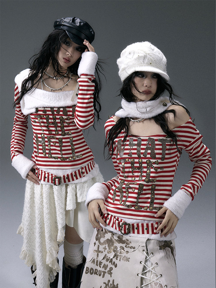 Red&White/Black&White Stripes Letter Print Top with Detachable Plush Collar