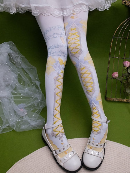 Pink/Blue/Black/Yellow/Red Asymmetrical Crisscorss Banded And Butterfly Print Tights