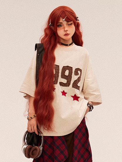 Beige/Red Faded Wash Number and Star Embroidery Vintage T-shirt
