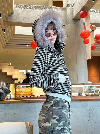 Black & White Striped Hoodie with Plush Fur Hood