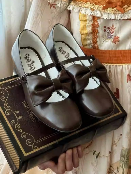 Brown PU Classic Lolita Shoes - Mary Janes with Mid Heel, Bow Accents & Decorative Heart Buckle