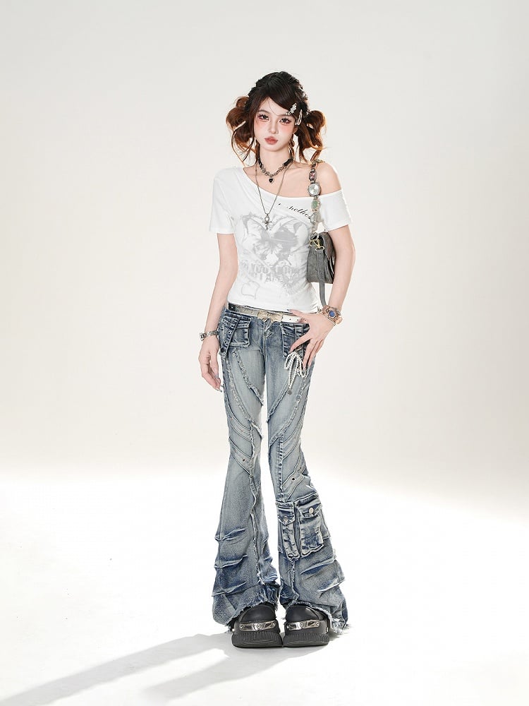 Blue Faded Wash Cargo Pockets Raw Hem Distressed Flared Jeans