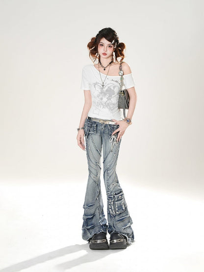 Blue Faded Wash Cargo Pockets Raw Hem Distressed Flared Jeans