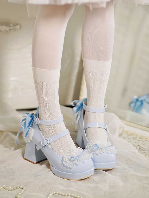 Blue Knotted Bow at Top Lace Trim Heart Buckles High Block Heels