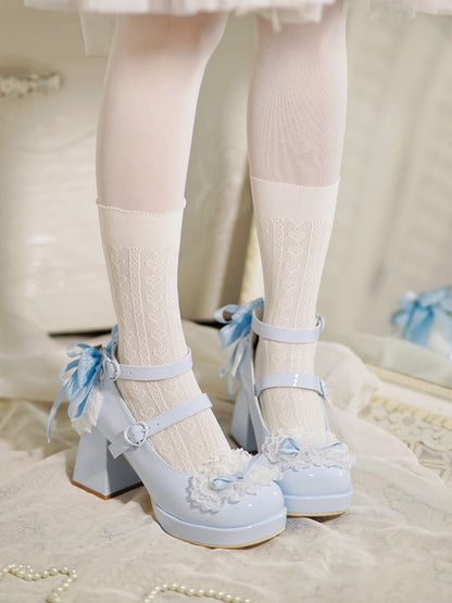 Blue Knotted Bow at Top Lace Trim Heart Buckles High Block Heels