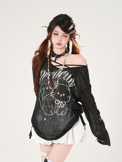 Black/White Asymmetrical Neckline Kitty Print Semi-sheer Coverup