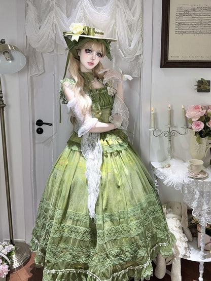 Green Classic Lolita Boned Basque Waist Top + Oil Painting Print Overlay Skirt