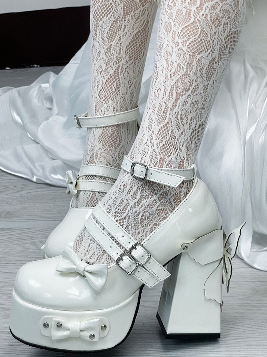 Milk White Bowknot Stud Butterfly Design Platform High Block Heels Lolita Shoes